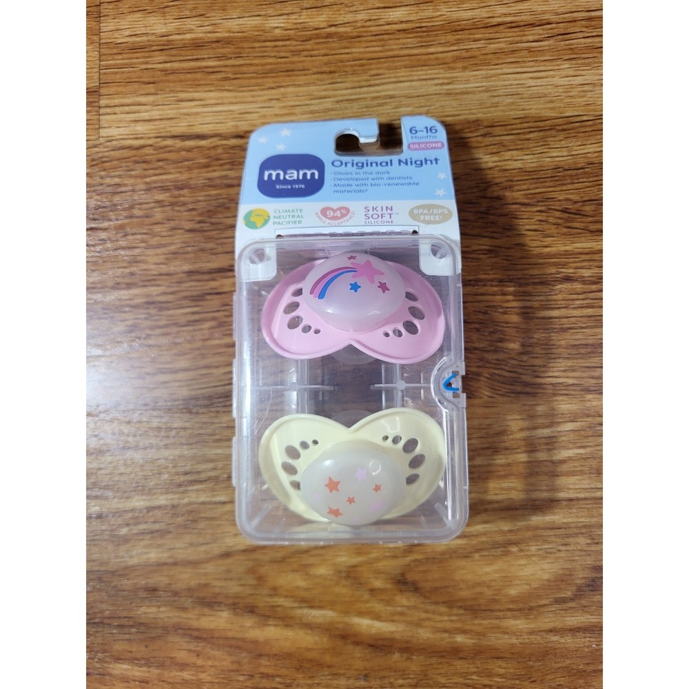 MAM Original Night2-Pk GIT🌟Pink&White Pacifiers W/Sterilizing Case{6-16Mos}